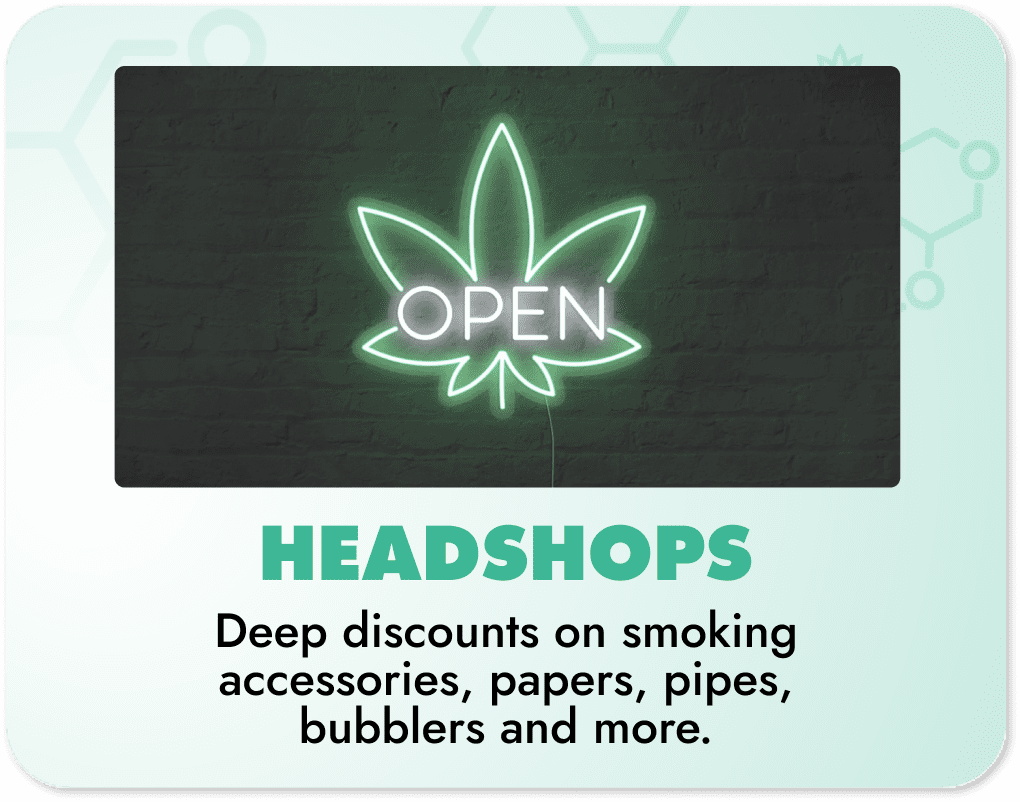 Headshops Coupon Category Banner - Image of neon cannabis leaf open sign